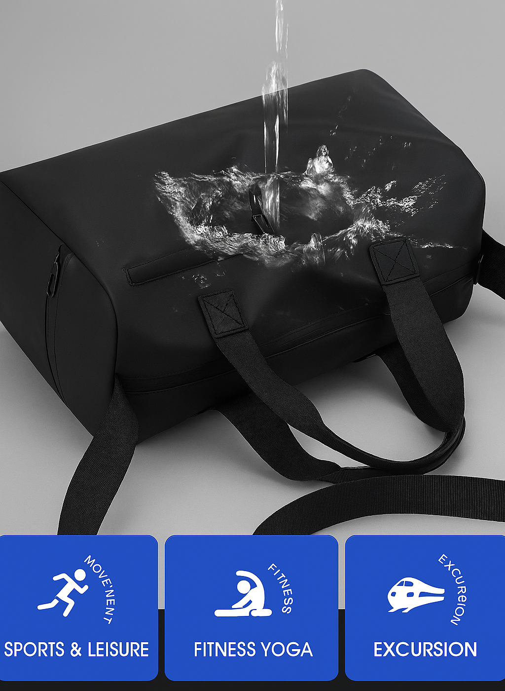 Black duffel bag with water splashing onto it on a gray background