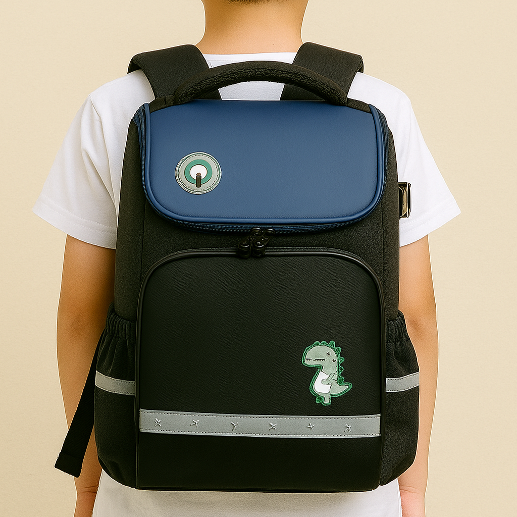 Person wearing a black and blue backpack with a green dinosaur emblem on a beige background